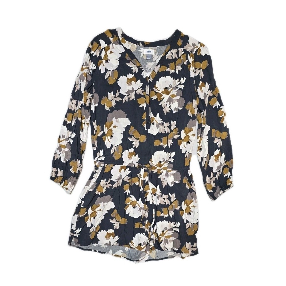 Old Navy Romper Womens L Gray Floral Beachy Coastal Cottagecore Bloomcore Flowy